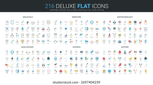 Conjunto completo de iconos de estilo plano que cubren estructuras de moléculas, herramientas médicas, biotecnología, atención médica, investigación científica y conceptos de naturaleza Ilustración vectorial aislada