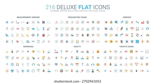 Conjunto completo de iconos de estilo plano con flechas de medida, signos de prohibición, flechas direccionales, advertencias, seguridad y señales de tráfico para la comunicación visual Ilustración vectorial aislada