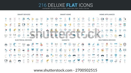 Comprehensive set of flat style icons representing smart devices, home automation, electrical equipment, modern gadgets, and multimedia technology isolated vector illustration