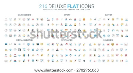Comprehensive set of flat style icons featuring warning signs, safety symbols, caution indicators, digital innovation, notification, and diverse road signs isolated vector illustration