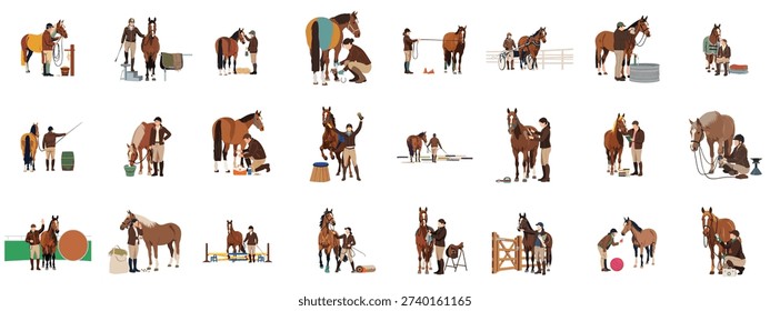 Comprehensive set of flat vector illustrations depicting equestrian professionals and owners engaging in horse care, stable management, grooming, training, and routine health checks.