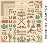 Comprehensive set of flat vector Western design elements. The layout features decorative corner borders, blank rectangular text labels and frames, classic horseshoes, sheriff stars, traditional arrows, cowboy spurs, desert cacti, and an extensive collection of lasso rope knots and loops, rendered in a vintage color palette of teal, terracotta, and brown on a light beige background.