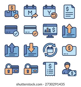 Un conjunto completo de iconos digitales de estilo plano que representan varios aspectos de negocios, finanzas, transacciones en línea, gestión de datos y procesos de seguridad.