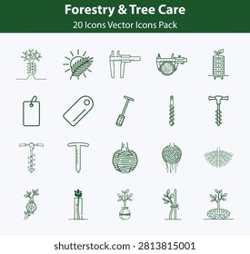 Comprehensive set of forestry and tree care icons covering measurement, planting, and root systems, essential for arboriculture.