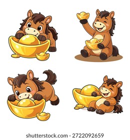 A comprehensive set of four adorable cartoon horse mascots in various poses for the 2026 Lunar New Year. The collection includes horses peeking, sitting, leaping, and leaning on large gold ingots (yuanbao), symbolizing prosperity and fortune. High-quality vector illustration bundle perfect for festive greetings, stickers, and marketing materials.