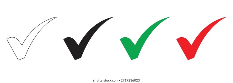 Un conjunto completo de cuatro iconos vectoriales de marca de verificación distintos, perfecto para indicar la Aprobación, finalización, confirmación y selección en varios diseños digitales e impresos.