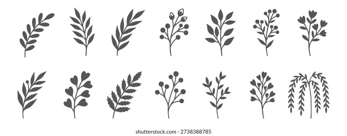 A comprehensive set of fourteen hand drawn botanical silhouettes featuring various leaves, twigs, and berry branches. The minimalist black designs are perfect for organic branding, wedding stationery, and nature themed graphic design projects. These versatile elements can be used for patterns, logos, and decorative accents in minimalist or rustic styles.