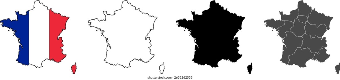 Conjunto abrangente de mapas da França e variações da bandeira, incluindo divisões regionais, esboços, silhueta e bandeira nacional, essenciais para projetos geográficos e patrióticos