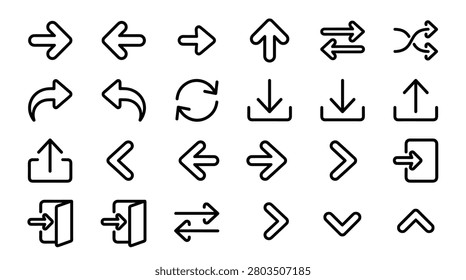 Comprehensive set of functional arrow icons for user interface design including system navigation playback controls data transfer symbols and door movement indicators perfect for mobile application menus website layouts dashboard controls software development presentations.