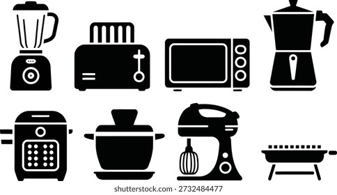 A comprehensive set of fundamental kitchen appliances for various cooking and baking tasks, depicted in a minimalist black silhouette style.
