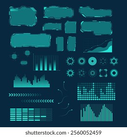 A comprehensive set of futuristic HUD (Heads-Up Display) and interface elements with a blue neon glow. Futuristic HUD and Interface Elements Set. Vector illustration