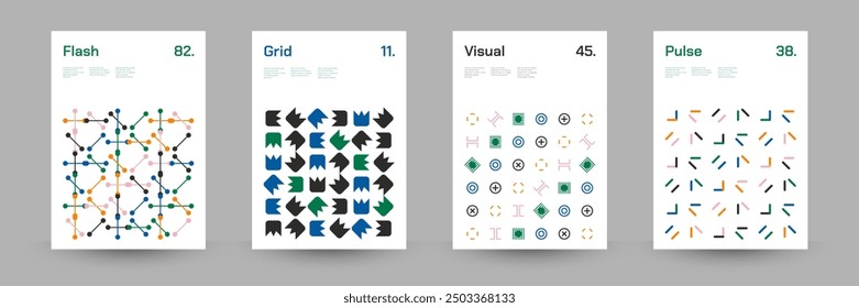 Comprehensive Set of Geometric Patterns: Ideal for Designers, Featuring a Wide Range of Symmetrical Shapes and Repeating Motifs for Versatile Use in Digital and Print Projects. Vector Illustration.