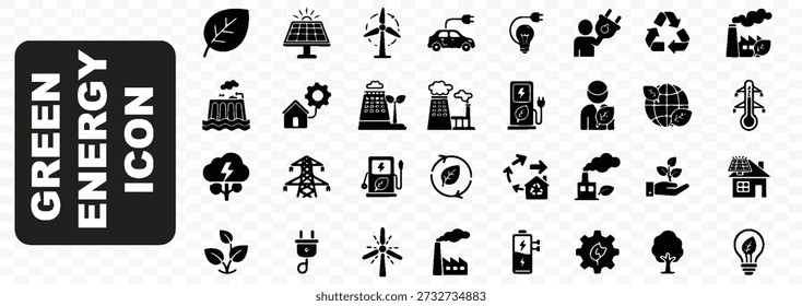 Um conjunto abrangente de ícones de glifos ilustrando vários conceitos de energia verde, fontes renováveis e tecnologias de geração de energia sustentável.