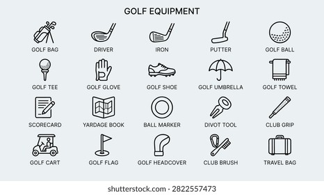 Comprehensive set of golf equipment icons including golf bags drivers irons putters golf balls tees gloves shoes umbrellas towels scorecards yardage books ball markers divot tools club grips carts flags headcovers brushes and travel bags for sports training and recreation.