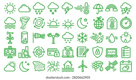 Comprehensive set of green linear weather icons representing meteorological events temperature and climate conditions for apps.
