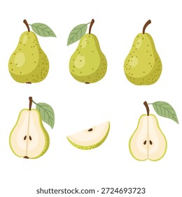 Um conjunto abrangente de ilustrações de pera verde em um estilo de design plano, mostrando diferentes ângulos e cortes.