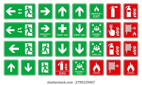 A comprehensive set of green and red emergency signs featuring evacuation routes, fire extinguishers, first aid, and fire safety icons for building security.