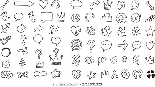 Ein umfangreiches Set handgezeichneter Symbole und Symbole mit Pfeilen, Herzen, Sprechblasen, Kronen, Sternen, Fragezeichen und verschiedenen abstrakten Formen, alles in einem verspielten, skizzenhaften Stil.