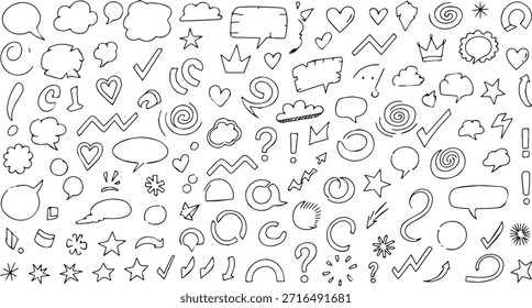 A comprehensive set of hand drawn doodle elements, including various speech bubbles, arrows, stars, hearts, and other common symbols, perfect for design projects.