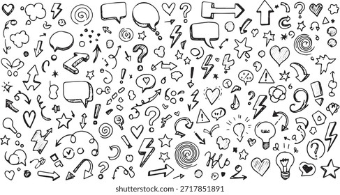 Un conjunto completo de Elementos de doodle dibujados a mano que incluyen varias flechas, burbujas de discurso, signos de interrogación, corazones, estrellas y bombillas, creando un patrón lúdico y expresivo.