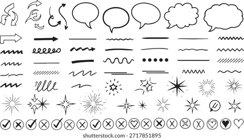 Um conjunto abrangente de elementos de rabiscar desenhados à mão, incluindo várias setas, balões de fala, linhas onduladas, sublinhados, estrelas e símbolos de marca de seleção, perfeito para projetos de design.