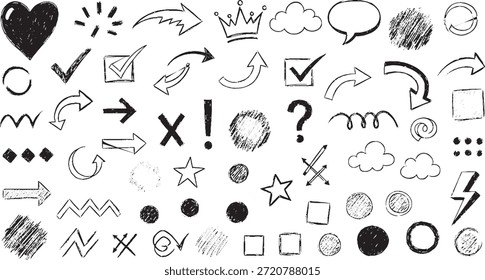 Un conjunto completo de Elementos de doodle dibujados a mano con varias flechas, corazones, estrellas, marcas de verificación, cruces, signos de interrogación, signos de exclamación y burbujas de discurso, perfecto para agregar un tono juguetón y divertido.