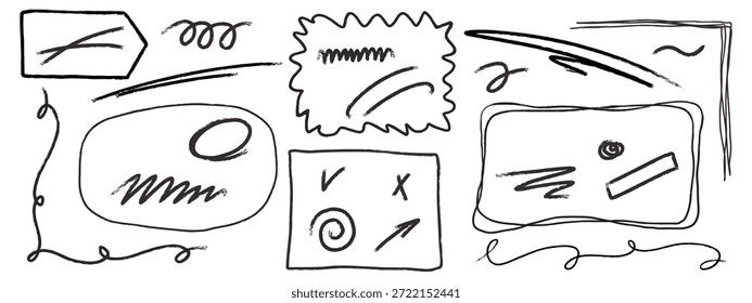 Conjunto abrangente de quadros de UI de doodle desenhados à mão, rótulos, símbolos e acentos gráficos com tinta áspera e estilo de esboço, isolado no fundo branco para branding, mídia social, interfaces e apresentações.