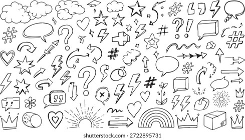 Un conjunto completo de Elementos de doodle dibujados a mano que incluyen flechas, estrellas, corazones, signos de interrogación, burbujas de discurso y otros símbolos decorativos, perfectos para agregar un toque divertido a cualquier diseño.
