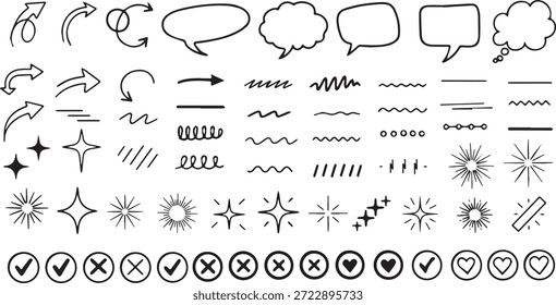Un conjunto completo de Elementos de doodle dibujados a mano con varias flechas, burbujas de discurso, líneas onduladas, marcas de verificación, cruces, corazones y esteladas, ideal para proyectos de diseño.