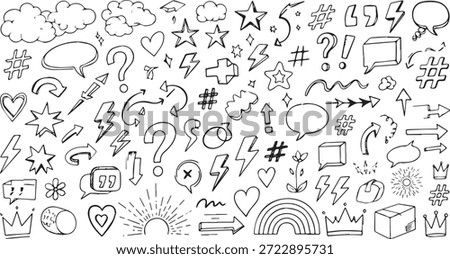 A comprehensive set of hand drawn doodle elements including arrows, stars, hearts, question marks, speech bubbles, and other decorative symbols, perfect for adding a playful touch to any design.