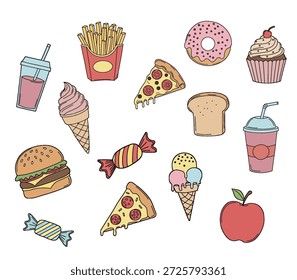 Un conjunto completo de iconos de comida dibujados a mano que incluyen pizza, hamburguesa, papas fritas, helado, donas y bocadillos en un estilo de doodle lindo