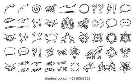 Comprehensive set of hand drawn sketches representing unity cooperation business agreement global networking and communal success. Detailed line art for professional presentations workplace culture training material organizational development and social relationship concepts.