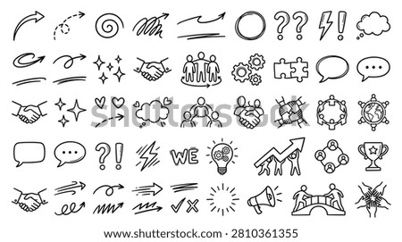 Comprehensive set of hand drawn sketches representing unity cooperation business agreement global networking and communal success. Detailed line art for professional presentations workplace culture training material organizational development and social relationship concepts.