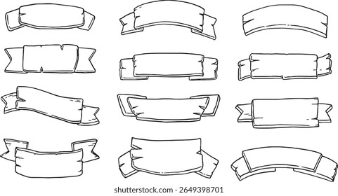 A comprehensive set of hand-drawn banners and ribbons in various styles, perfect for adding titles, labels, or decorative elements to your designs. Ideal for game UI, fantasy, vintage, or web projects