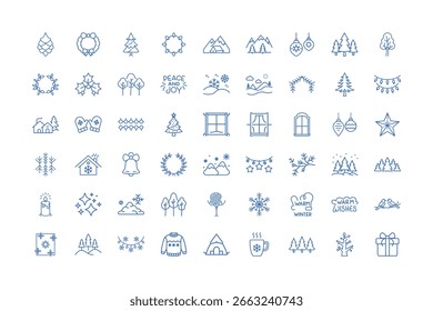 Um conjunto abrangente de ícones de arte de linha azul desenhados à mão representando vários elementos da época de Natal e de férias de inverno, perfeito para desenhos festivos.