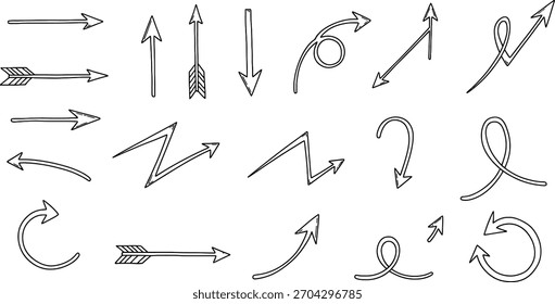 Um conjunto abrangente de setas de linha tracejada desenhadas à mão, mostrando vários estilos como formas retas, curvas, em ziguezague e circulares, perfeito para projetos de design criativo.