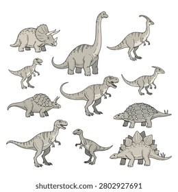 A comprehensive set of hand-drawn dinosaur illustrations featuring popular species like the T-Rex, Triceratops, Stegosaurus, and Brachiosaurus. Each dinosaur is rendered in a clean, cartoonish style with muted grey and tan tones, set against a plain white background. This collection is ideal for educational materials, children's books, or themed graphic design projects.