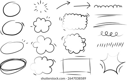 A Comprehensive Set of Hand-Drawn Doodle Elements Including Circles, Clouds, Arrows, and Underlines, Vector Illustration