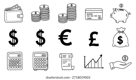 Un conjunto completo de iconos de doodle dibujados a mano que representan varios conceptos financieros, incluida la moneda, la banca, los ahorros, la contabilidad y el crecimiento económico.