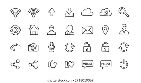 Um conjunto abrangente de ícones de linha em estilo doodle desenhados à mão para interfaces web e móveis, apresentando símbolos para conectividade, transferência de dados, perfis de usuário, comunicação, configurações e ações de mídia social.