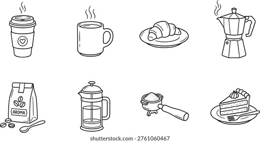 A comprehensive set of hand-drawn line art icons featuring essential coffee and breakfast items, perfect for cafe, restaurant, or bakery related projects. This minimalist vector illustration includes a steaming takeaway coffee cup, a classic ceramic mug, a flaky croissant on a plate, a traditional Moka pot, a bag of coffee beans with loose beans and a spoon, a functional French press, a portafilter filled with ground coffee, and a delicious slice of cake with a fork. The clean black and white outline style ensures versatility and easy integration into various designs. With simple lines and a doodle aesthetic, this collection provides a clear visual representation of each element. Ideal for menu design, website banners, mobile app interfaces, social media graphics, packaging, infographics, branding, or as decorative elements for blogs and articles. The monochrome palette allows for easy recoloring to match specific brand guidelines. This adaptable vector set offers a modern, appealing solution for food and beverage marketing, advertising campaigns, and digital or print media requiring breakfast themed visuals.