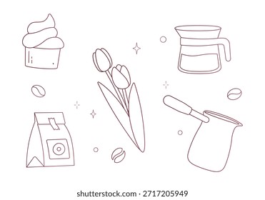 Completo conjunto de garabatos minimalistas de cafetería dibujados a mano con un molinillo, una olla Moka, pasteles, donas y Elementos florales con caligrafía decorativa.
