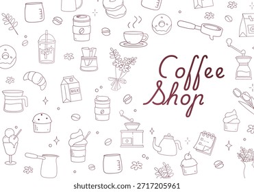 Comprehensive set of hand-drawn minimalist coffee shop doodles featuring a grinder, Moka pot, pastries, donuts, and floral elements with decorative calligraphy.