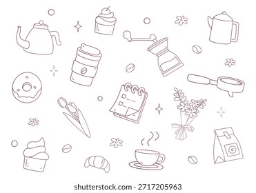 Comprehensive set of hand-drawn minimalist coffee shop doodles featuring a grinder, Moka pot, pastries, donuts, and floral elements with decorative calligraphy.