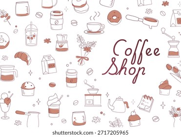Completo conjunto de garabatos minimalistas de cafetería dibujados a mano con un molinillo, una olla Moka, pasteles, donas y Elementos florales con caligrafía decorativa.