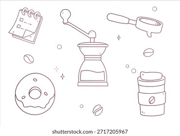 Completo conjunto de garabatos minimalistas de cafetería dibujados a mano con un molinillo, una olla Moka, pasteles, donas y Elementos florales con caligrafía decorativa.