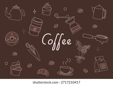 Completo conjunto de garabatos minimalistas de cafetería dibujados a mano con un molinillo, una olla Moka, pasteles, donas y Elementos florales con caligrafía decorativa.