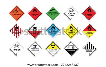 Comprehensive set of hazardous materials and dangerous goods labels including explosives, flammable gases and liquids, toxic substances, oxidizers, corrosive, radioactive and miscellaneous dangerous substances. Ideal for transport, storage, shipping, and workplace compliance.