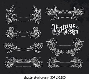 A comprehensive set of high detail Design grunge Chalkboard Labels and ribbons. Vector elements over blackboard.  Copy space for your text. 