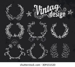 A comprehensive set of high detail Design grunge Chalkboard wreath laurels. Vector elements over blackboard.  Copy space for your text. 